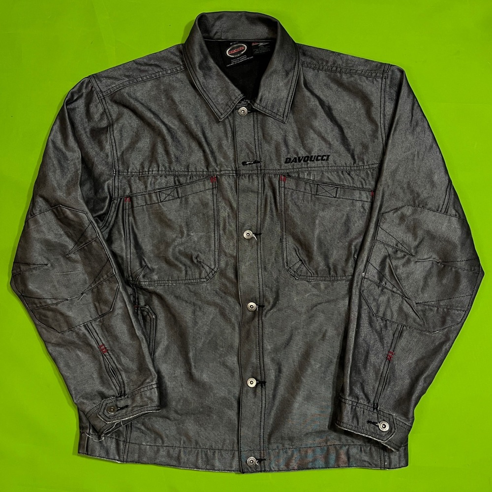 Davoucci Mens 2XL Metallic Charcoal Grey Coated Trucker Jacket Y2K Streetwear